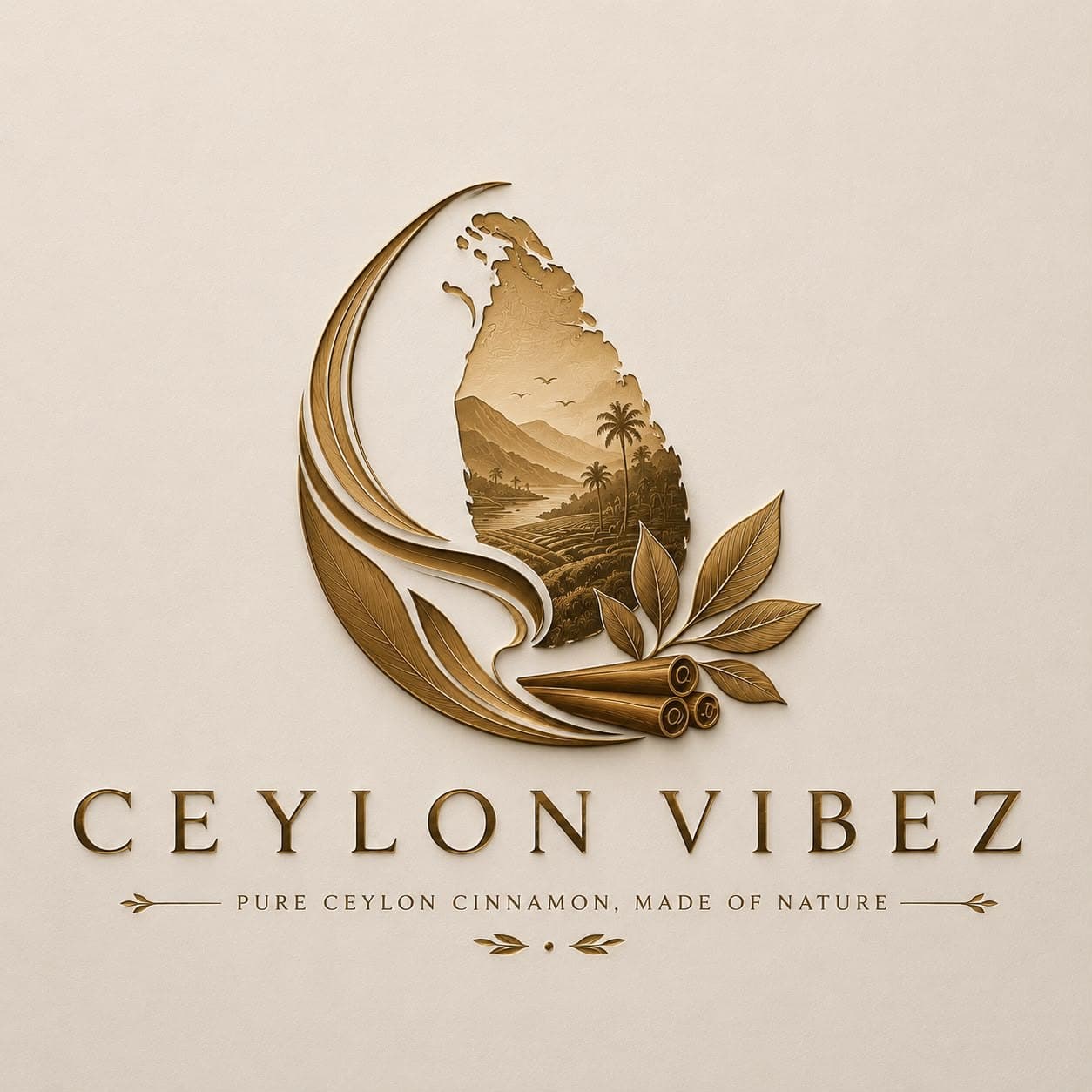 The CeylonVibez logo: a gold crescent around the island of Sri Lanka, with cinnamon leaves and quills