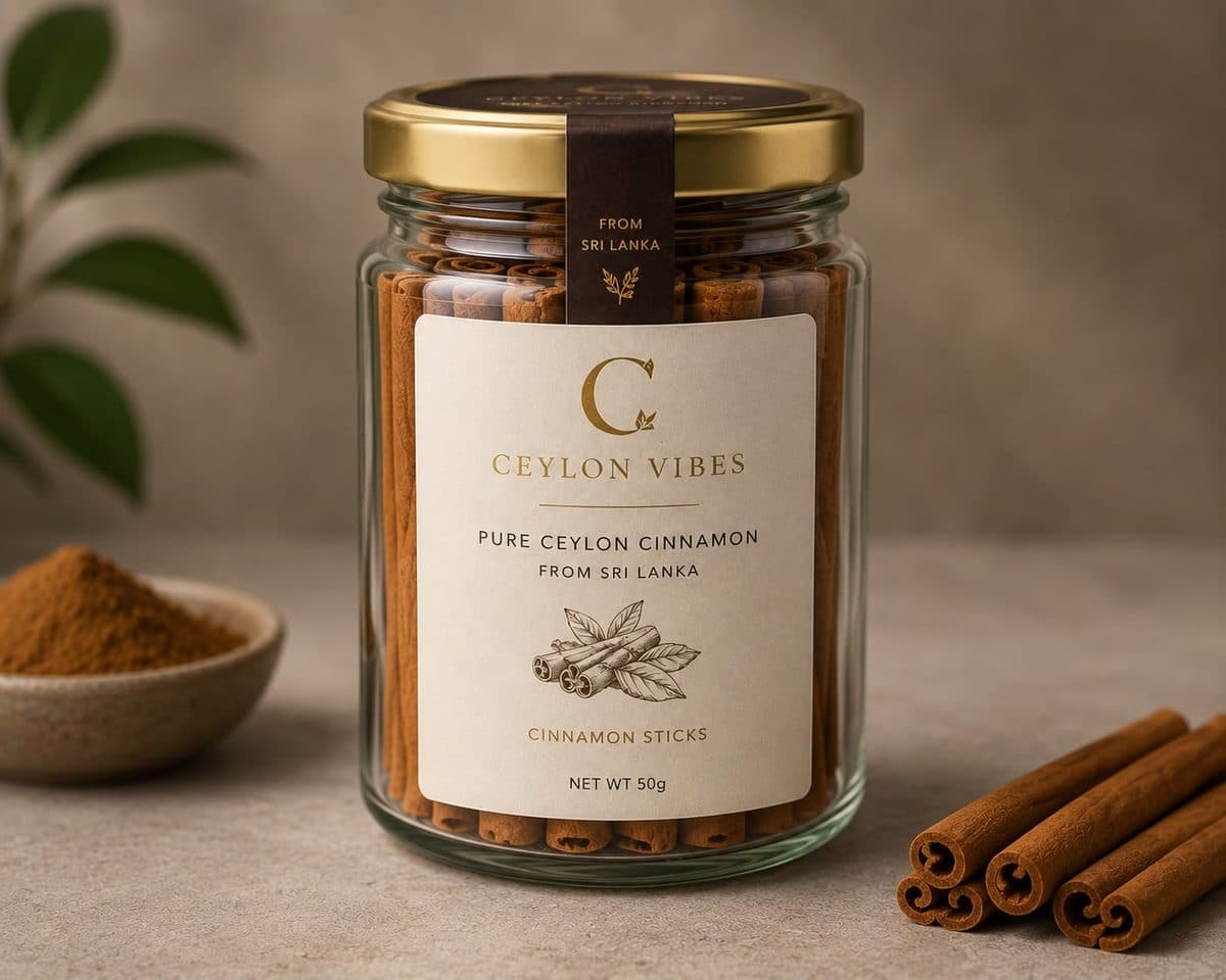 A jar of CeylonVibez Ceylon cinnamon sticks beside a bowl of cinnamon powder